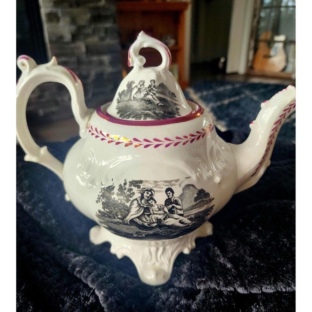 Antique Victorian Transferware Teapot Large English Pastoral Bone China Lustre